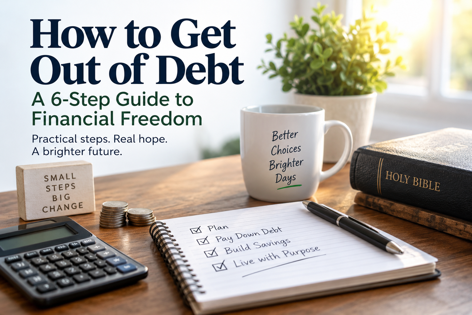 How to get out of debt with a financial planning notebook, calculator, and Bible